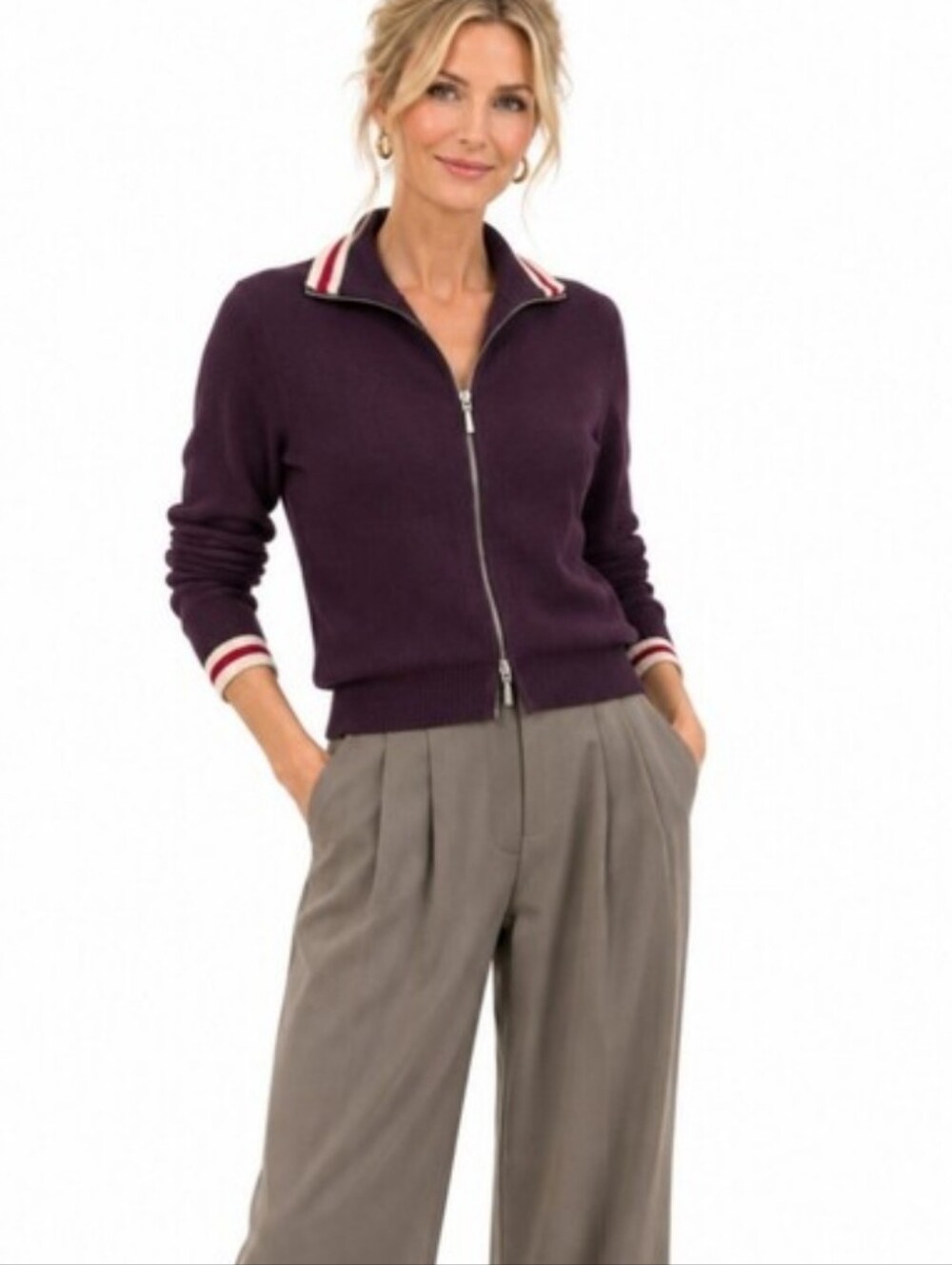 Worth Plum 100% Wool Zip Front Cardigan Sweater Striped Trim Preppy Classic Sz S